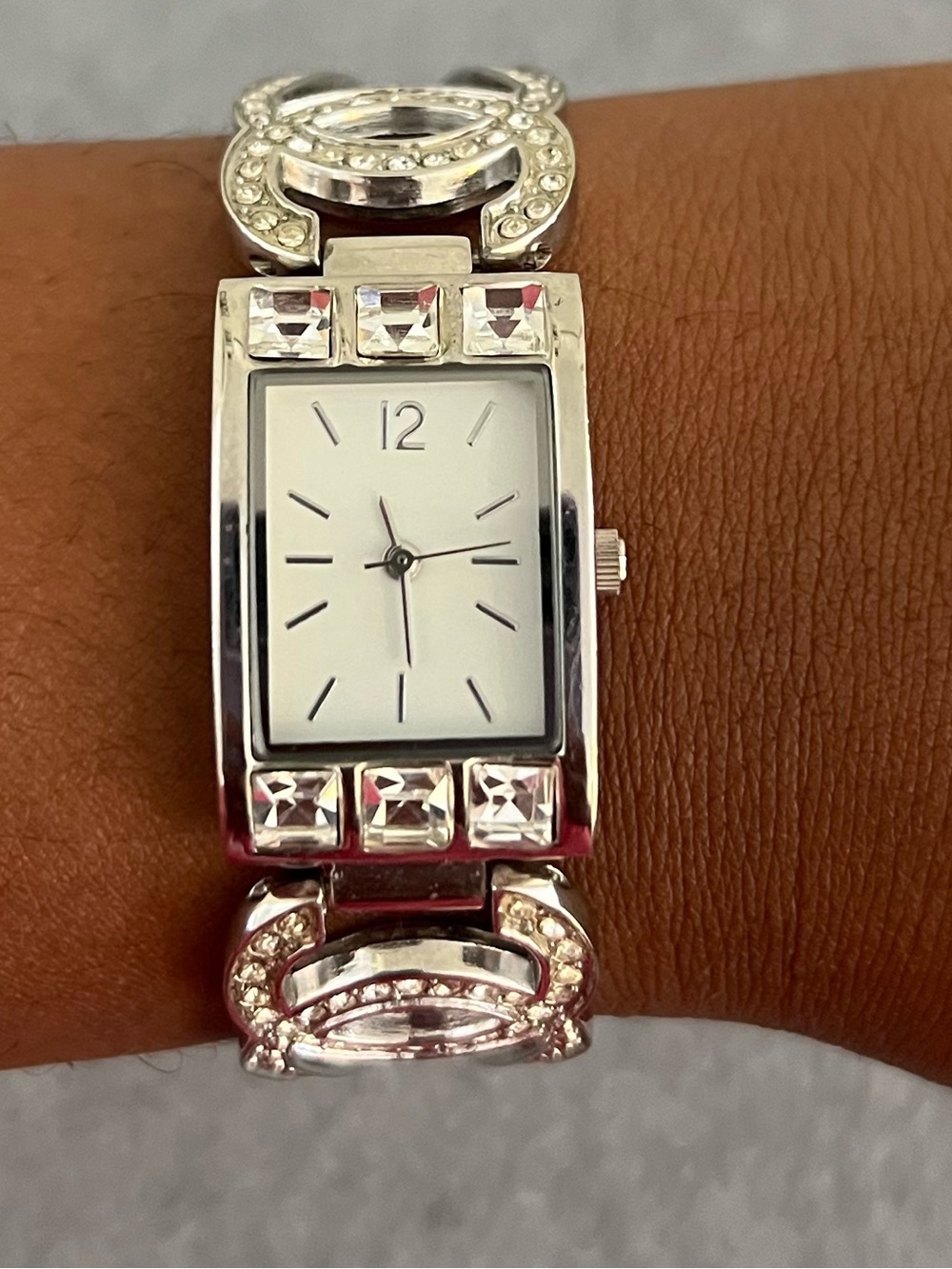 Vintage Rhinestone Bracelet Watch Silver Tone Art Deco Y2K Glam